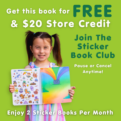 Girl holding the Colors of the Rainbow sticker book. Join the Sticker Book Club, pause or cancel anytime