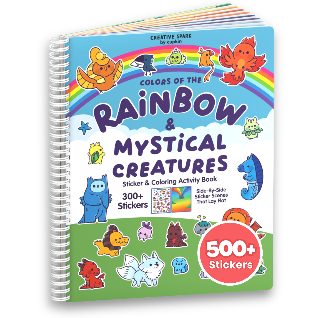 Colors of the Rainbow and Mystical Creatures spiral bound sticker and coloring activity book cover on a white background