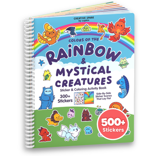 Colors of the Rainbow and Mystical Creatures spiral bound sticker and coloring activity book cover on a white background