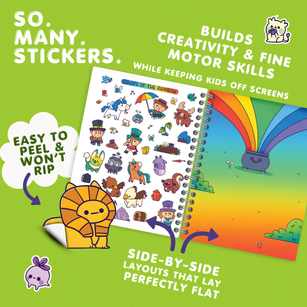 So many stickers. Open sticker book with easy to peel stickers that won't rip and side-by-side layouts that lay flat