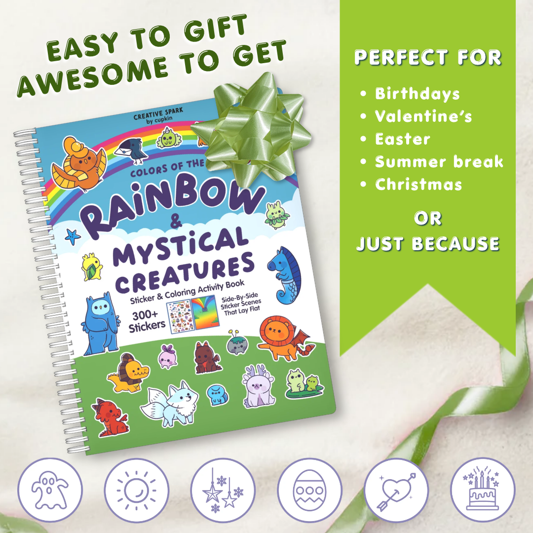 Colors of the Rainbow sticker book with a gift bow. Easy to gift for birthdays, Valentine's, Easter, summer break, Christmas, or just because
