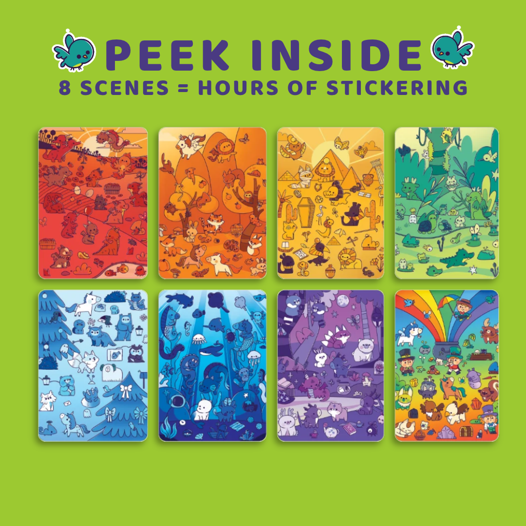 Peek inside the Colors of the Rainbow sticker book: 8 color themed scenes for hours of stickering