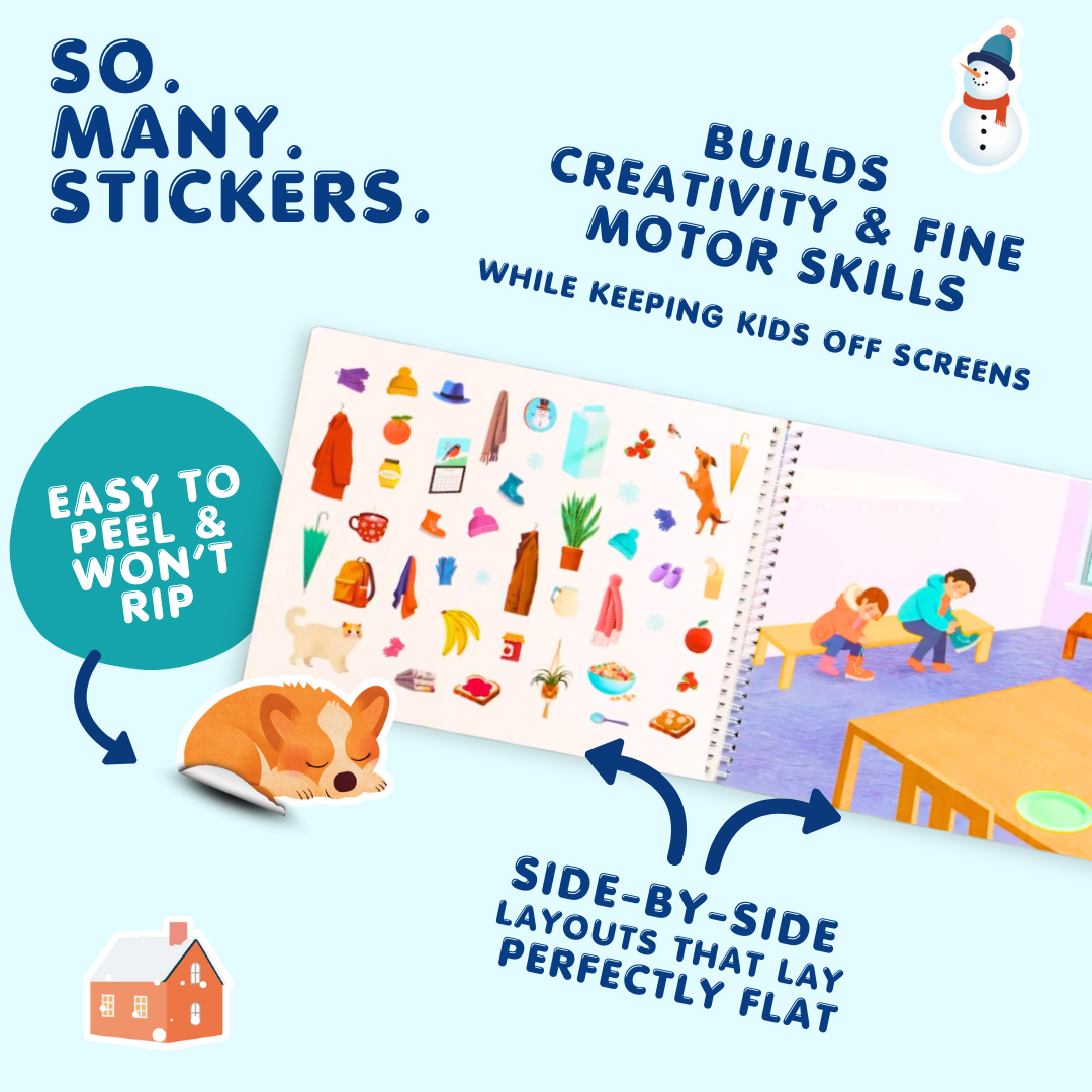 Children's activity book with stickers and educational text on a light blue background