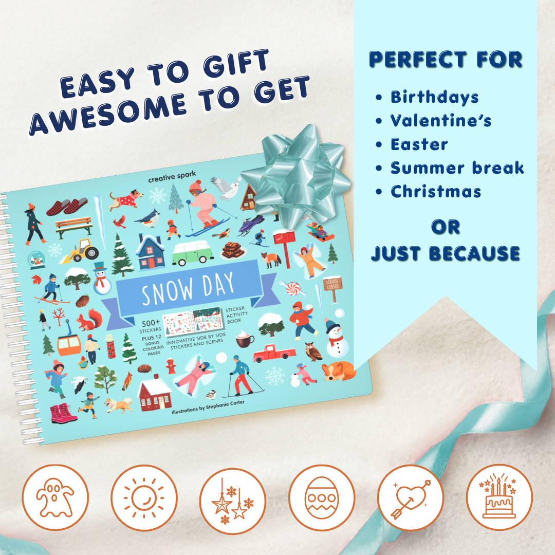 Children's activity book titled 'Snow Day' with a blue ribbon on a white background