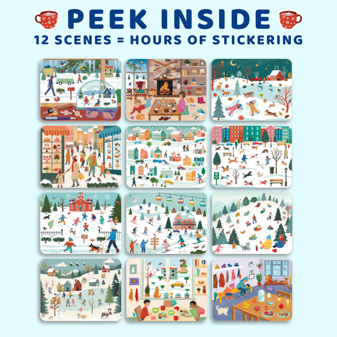 Sticker book cover with various scenes and text 'Peek Inside' on a blue background