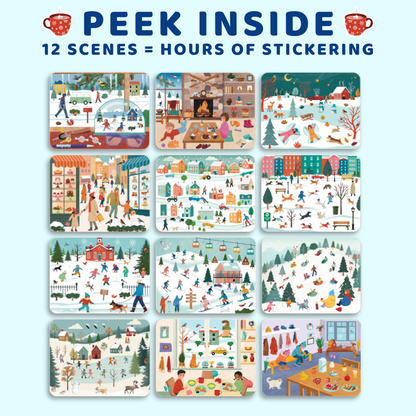 Sticker book cover with various scenes and text 'Peek Inside' on a blue background