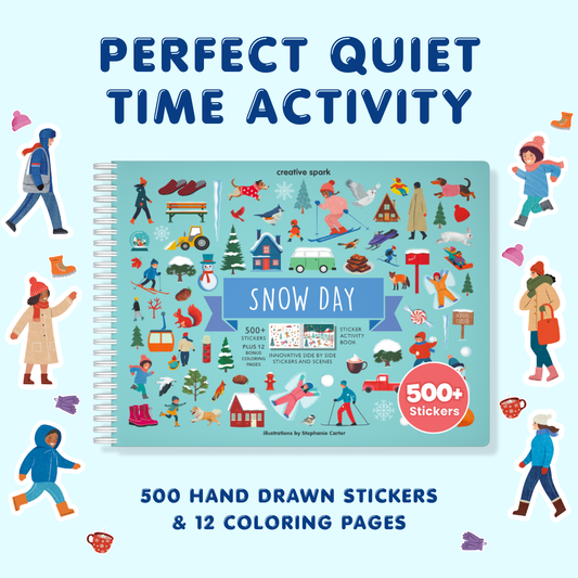 Sticker book titled 'Snow Day' with illustrations of winter scenes and people on a light blue background.