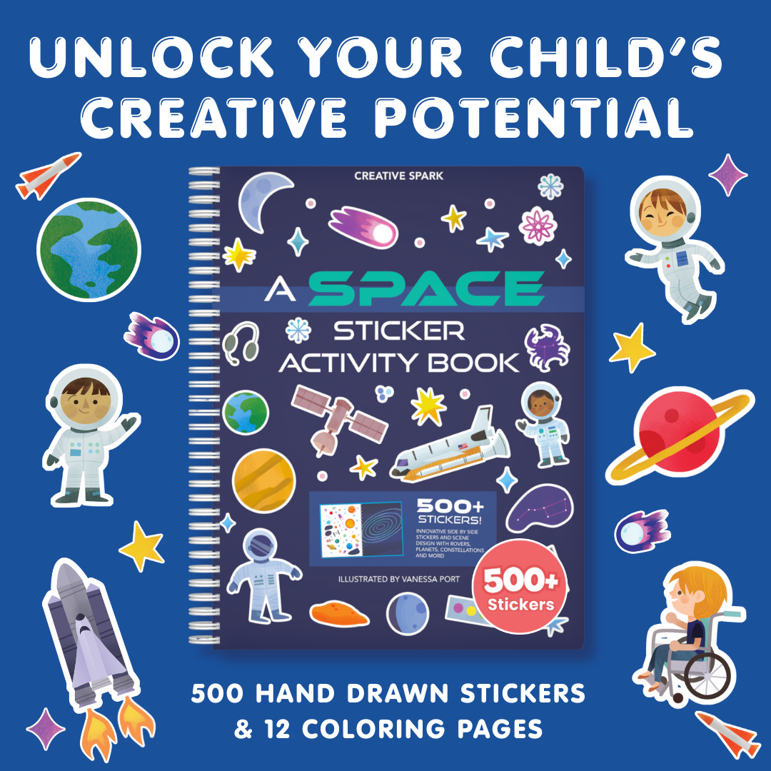 Space-themed sticker activity book with colorful illustrations on a blue background