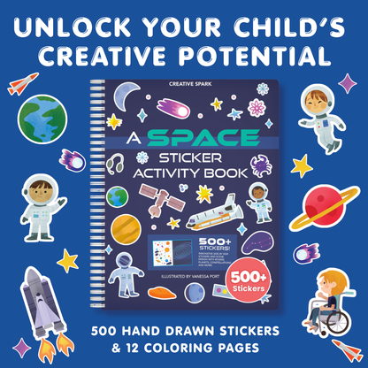 Space-themed sticker activity book with colorful illustrations on a blue background