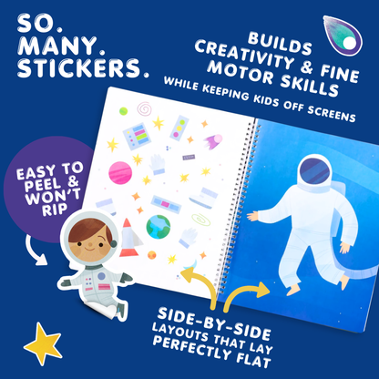 Children's activity book with stickers and space-themed illustrations on a blue background