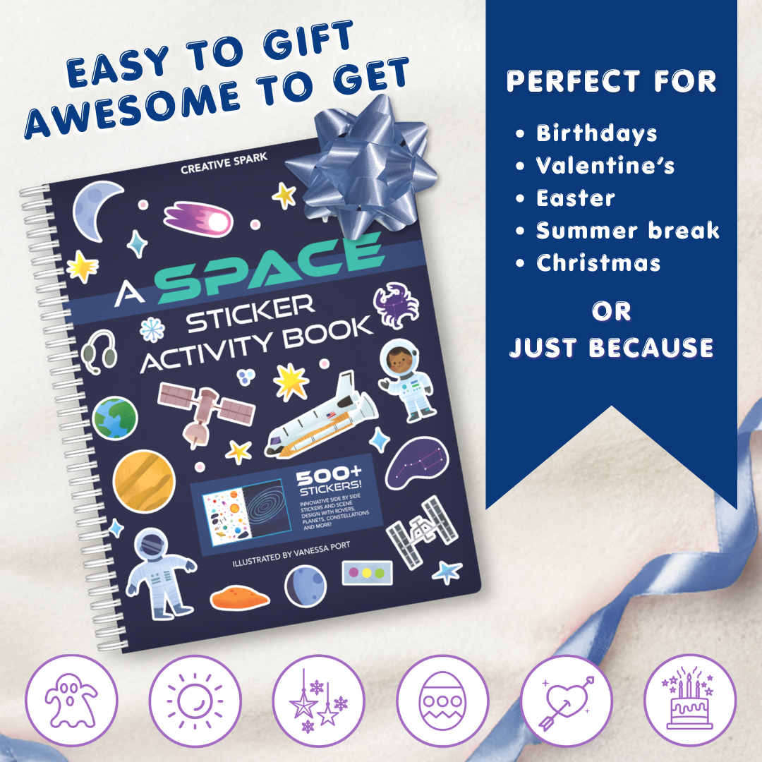 Space sticker activity book with a gift bow on a light background