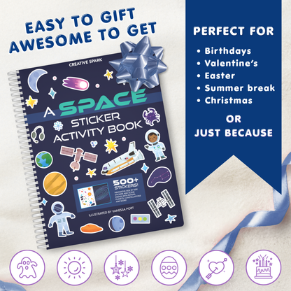 Space sticker activity book with a gift bow on a light background