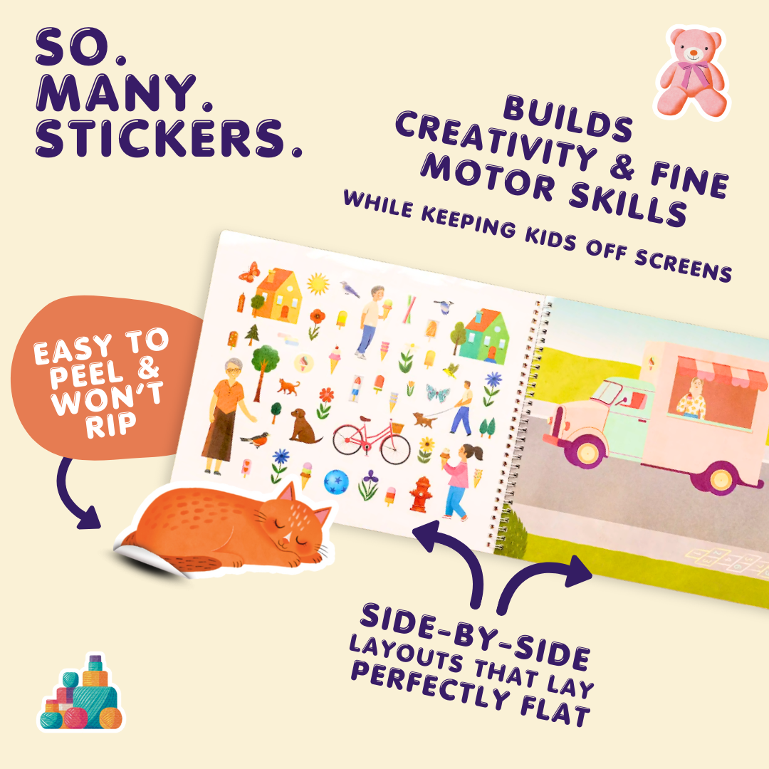 Children's activity book with stickers and toys on a beige background