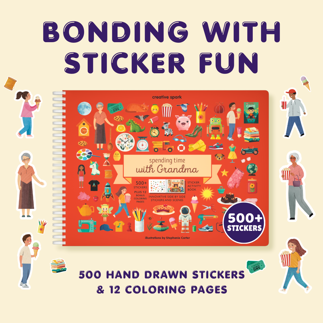 Book cover of 'Spending Time with Grandma' sticker book with illustrations and text on a beige background.