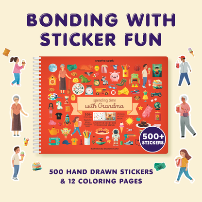 Book cover of 'Spending Time with Grandma' sticker book with illustrations and text on a beige background.