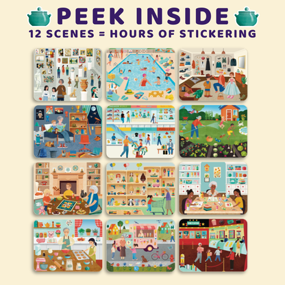 Illustrated book cover with various scenes and text 'Peek Inside' on a beige background