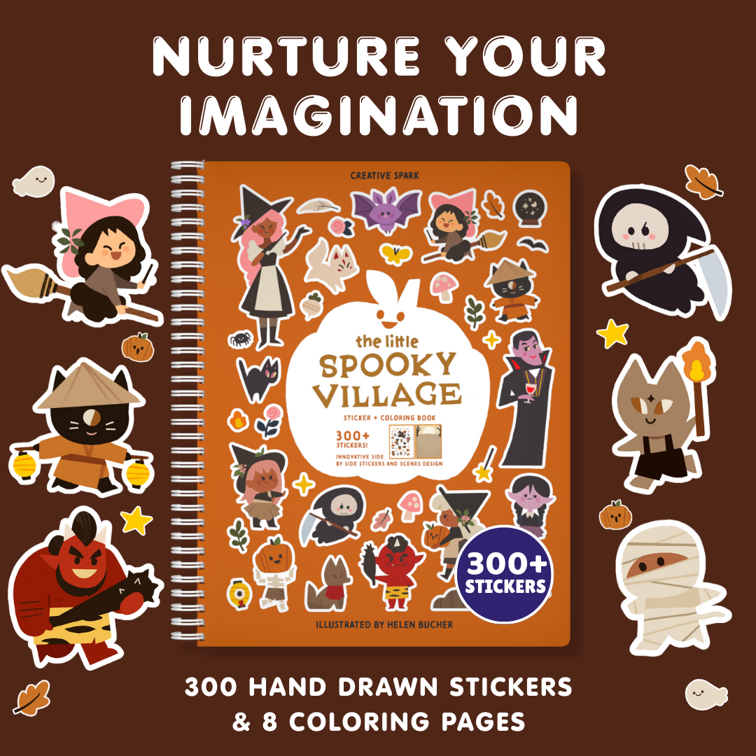 Spooky-themed coloring book with stickers on a brown background