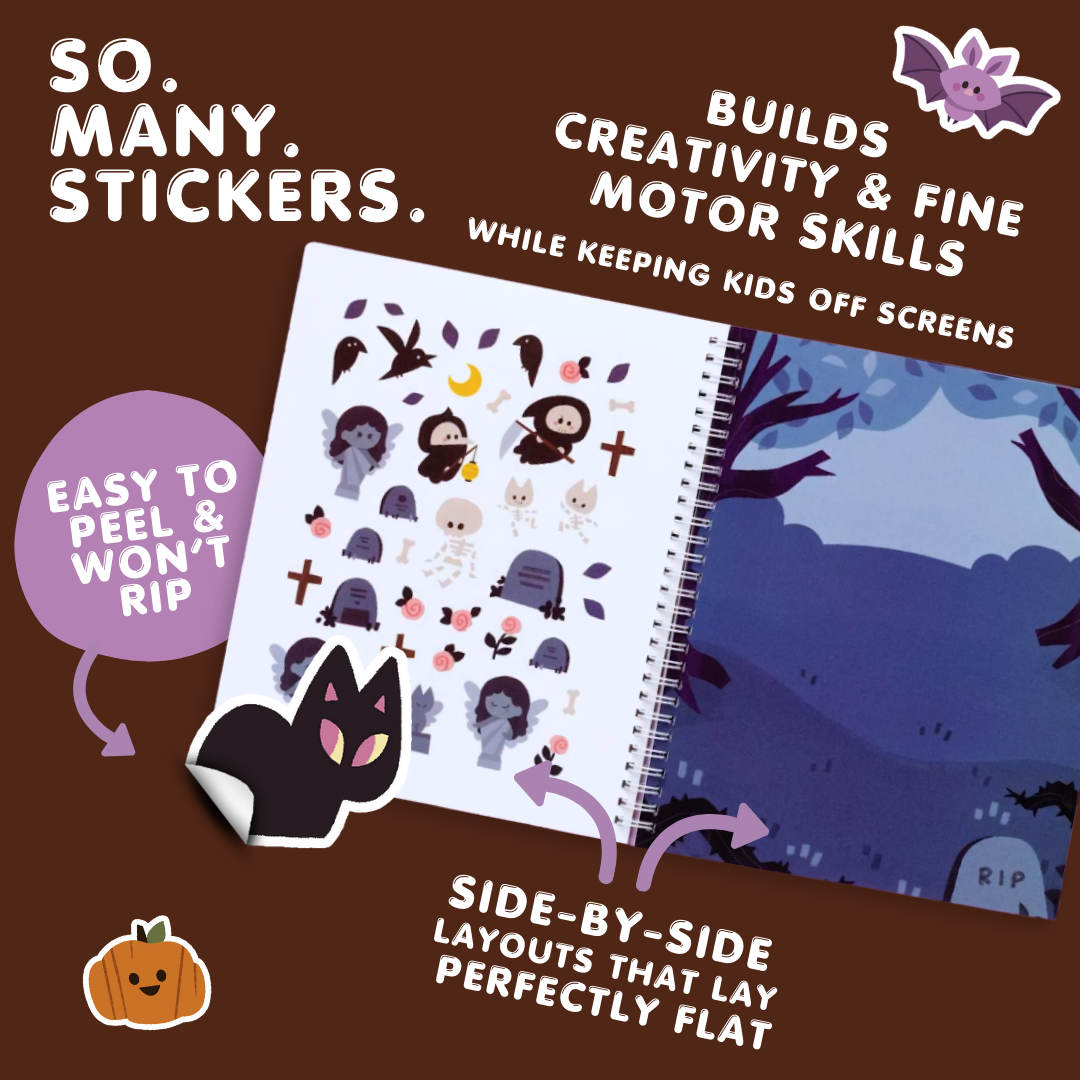 Halloween-themed sticker book with stickers and a purple bat illustration on a brown background.