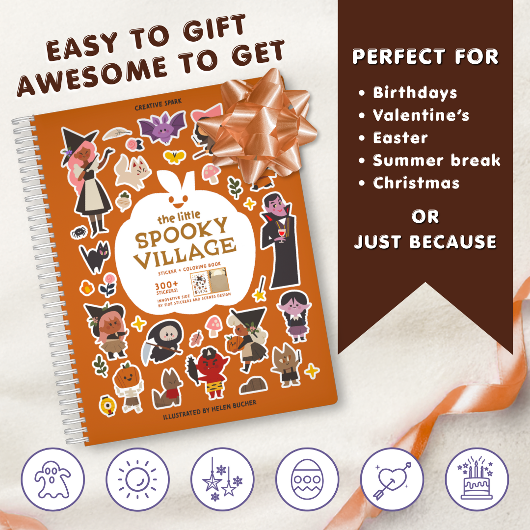 Spooky Village sticker and coloring book with Halloween-themed illustrations on an orange cover.