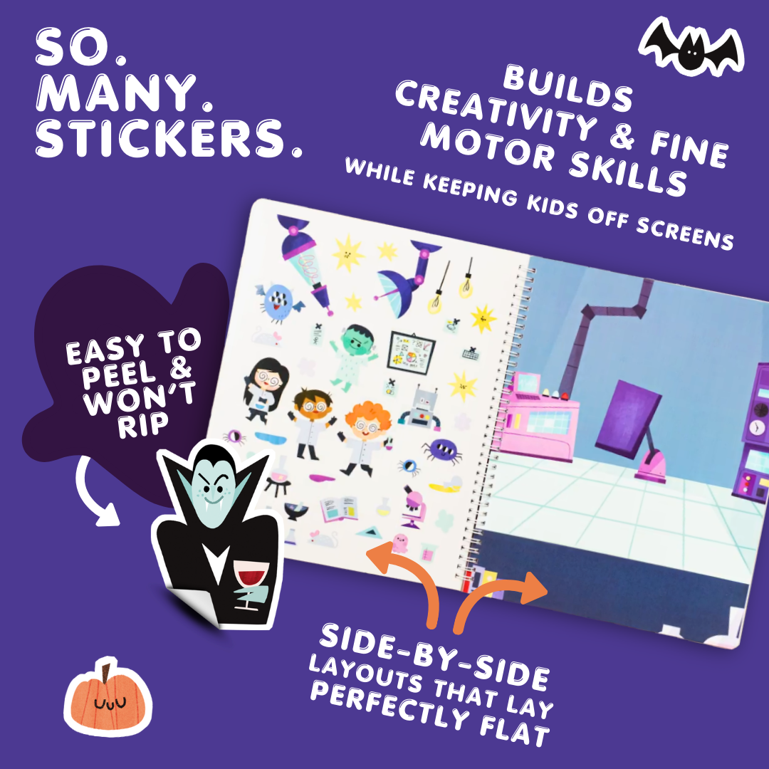 Sticker book with Halloween-themed stickers on a purple background, featuring text about the product's benefits.