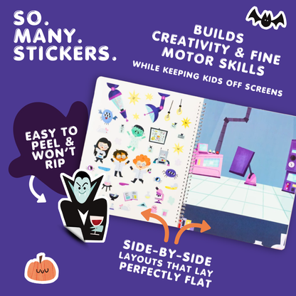 Sticker book with Halloween-themed stickers on a purple background, featuring text about the product's benefits.