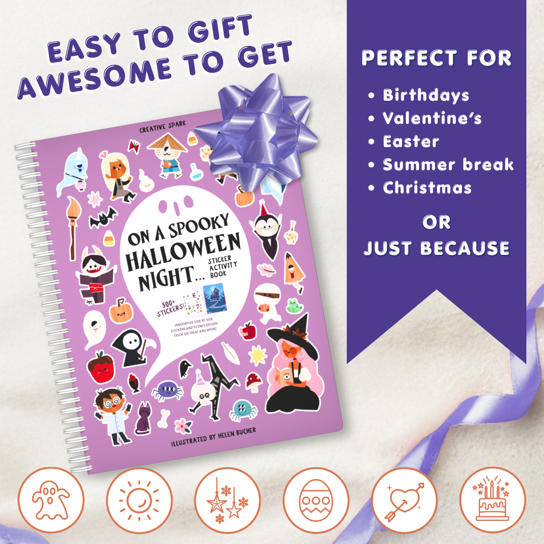 Sticker book with purple cover featuring Halloween-themed illustrations, surrounded by decorative ribbons on a light background.