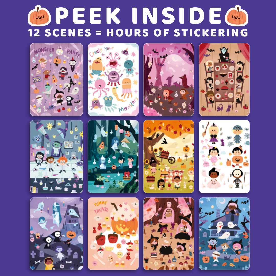 Collage of Halloween-themed sticker sheets with colorful designs on a purple background.