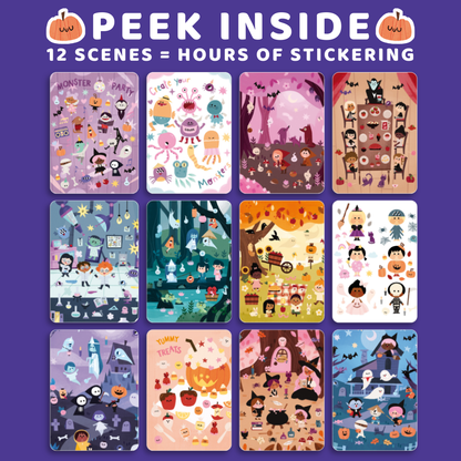 Collage of Halloween-themed sticker sheets with colorful designs on a purple background.