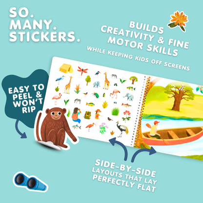 Children's activity book with stickers and illustrations on a light blue background