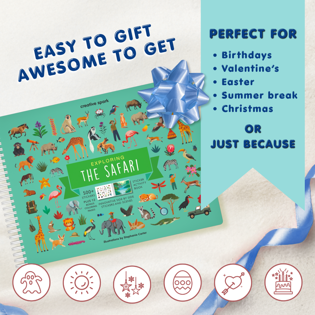 Children's activity book with animal illustrations and a blue ribbon on a white background