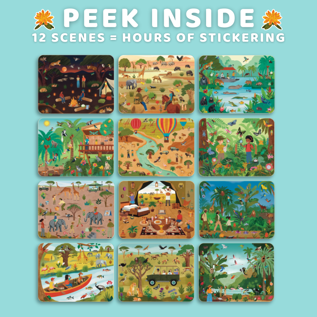 Set of 12 colorful illustrated cards on a blue background with 'Peek Inside' text.