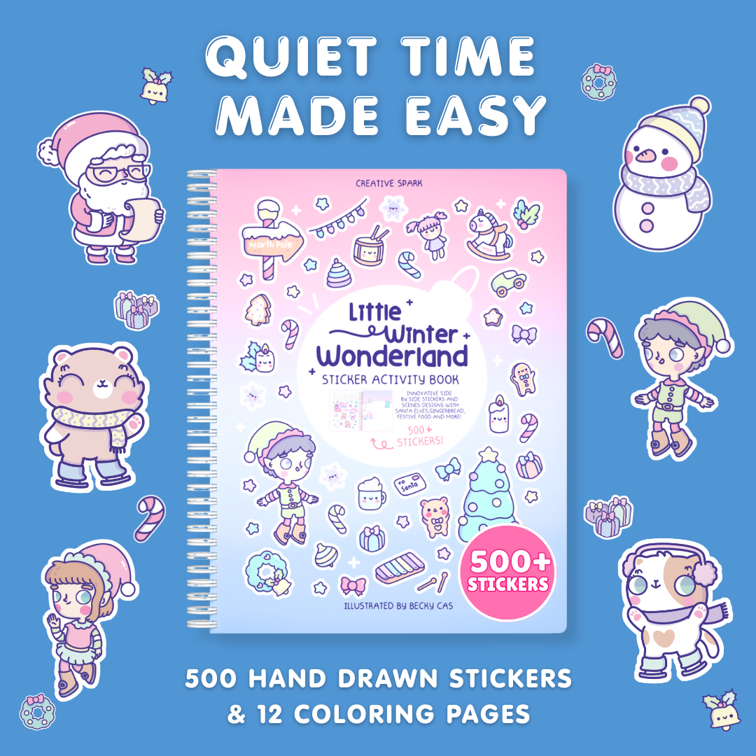 Sticker activity book titled 'Little Winter Wonderland' with cartoon characters on a blue background.