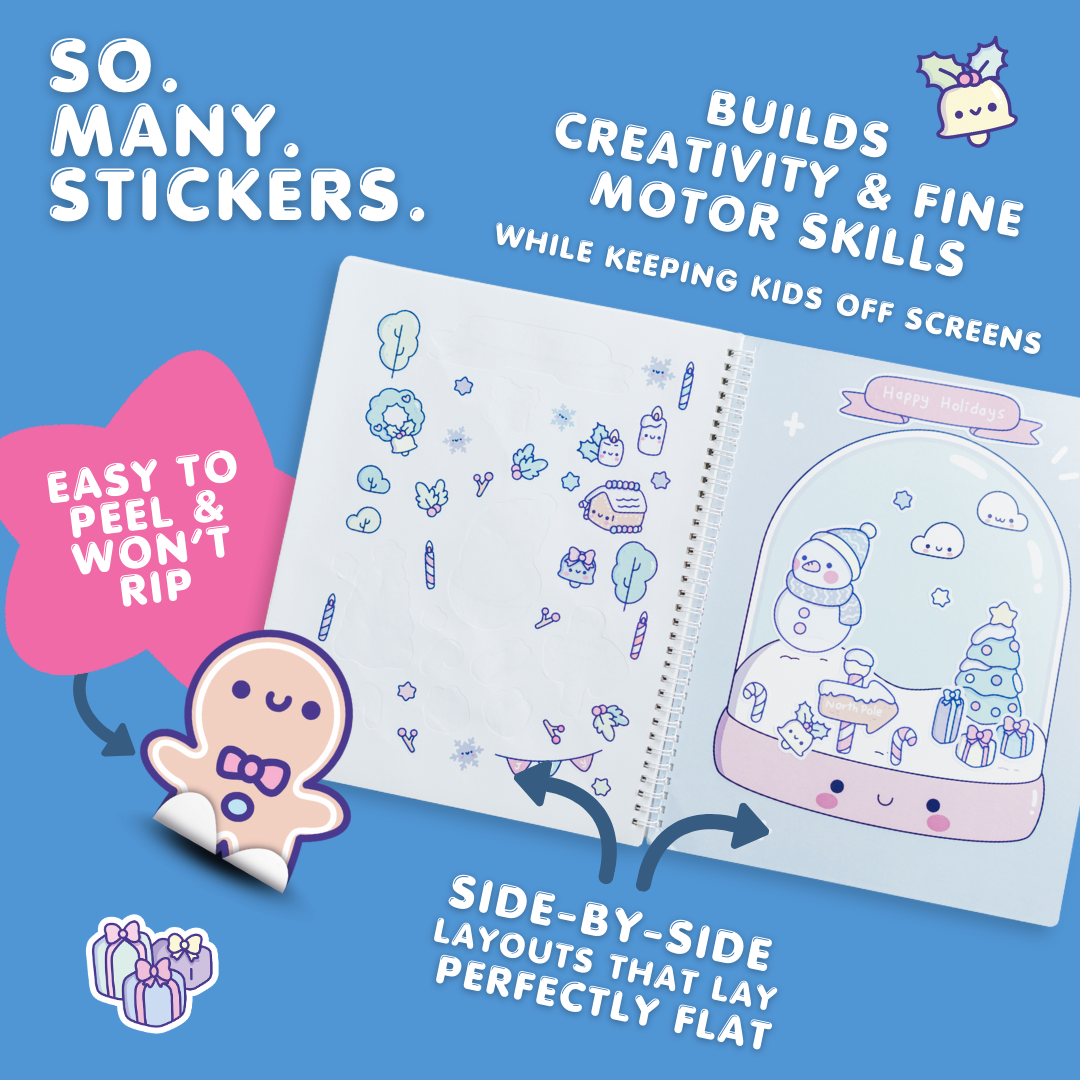 Coloring book with stickers on a blue background, featuring text about creativity and fine motor skills.