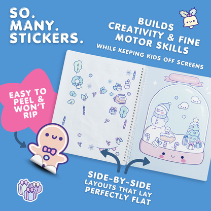 Coloring book with stickers on a blue background, featuring text about creativity and fine motor skills.