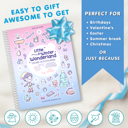 Sticker activity book with a blue bow on a light background