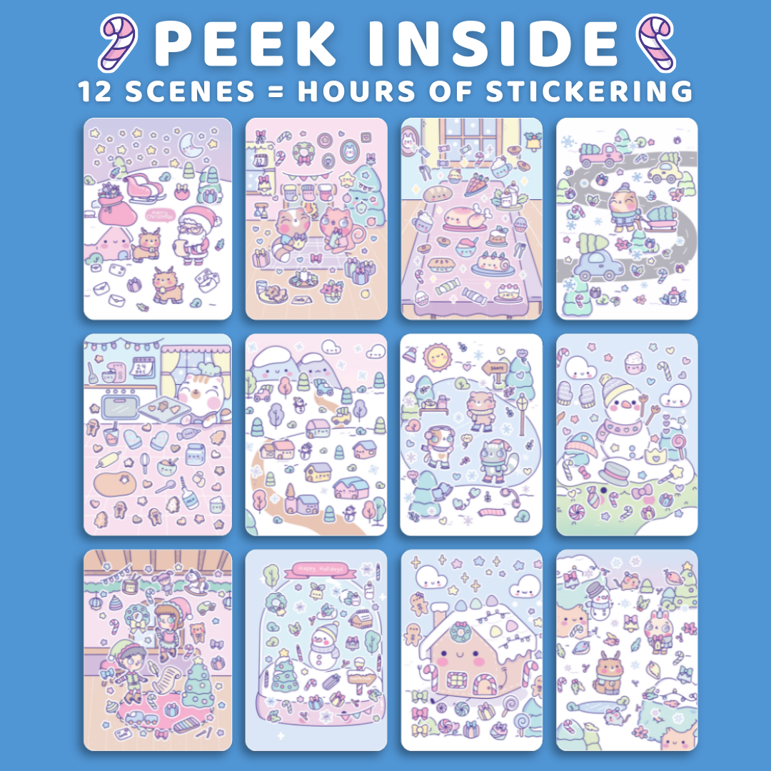 Sticker book with various scenes on a blue background