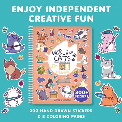 Sticker activity book titled 'World of Cats' with various cat illustrations on a teal background.