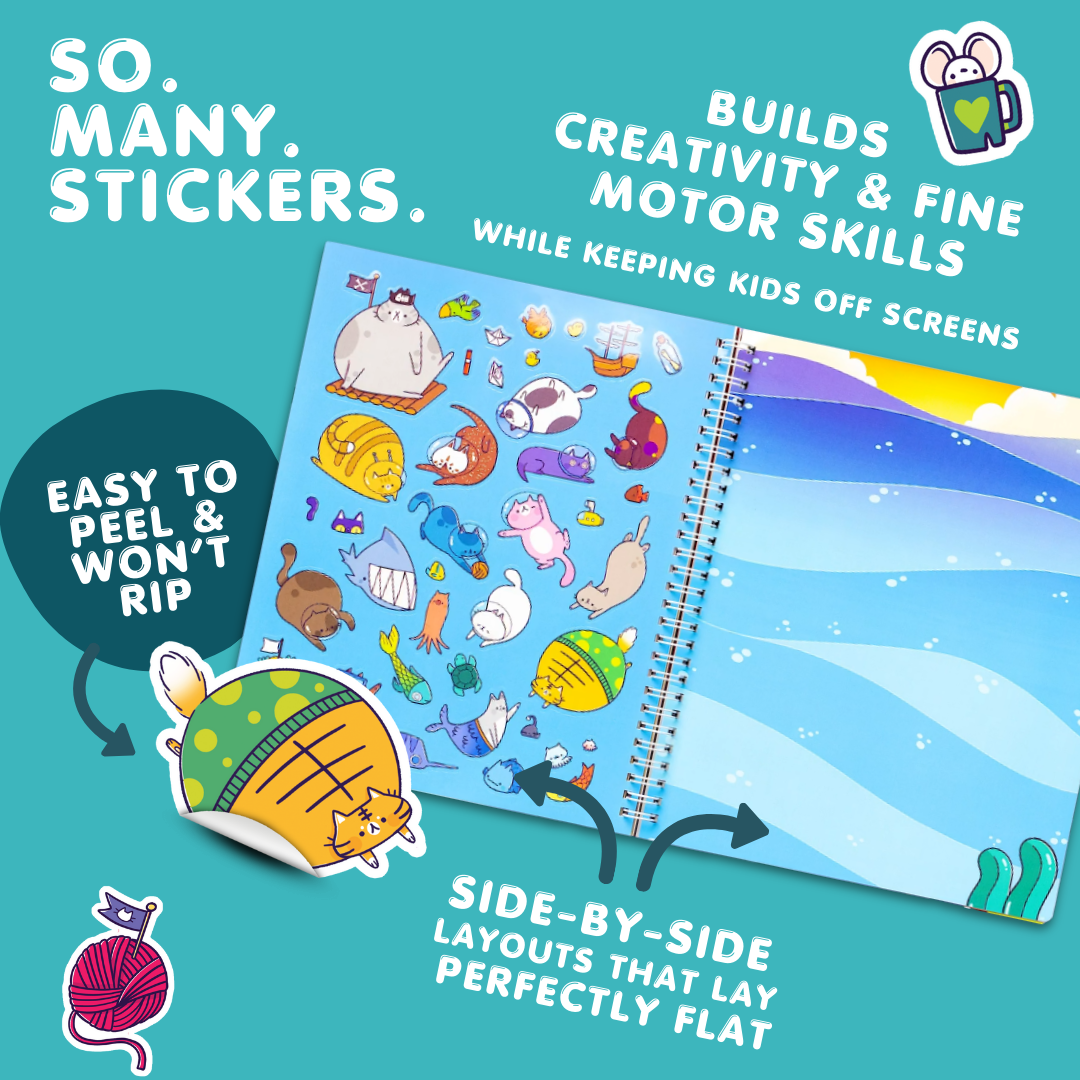 Sticker book with cartoon characters on a blue background, featuring text about stickers and benefits.