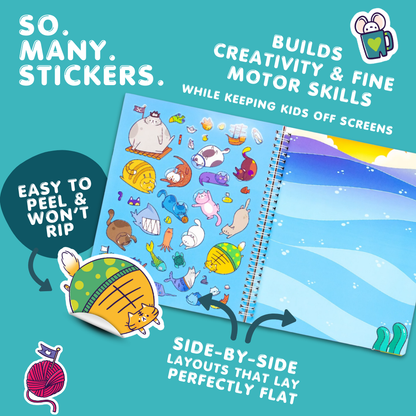 Sticker book with cartoon characters on a blue background, featuring text about stickers and benefits.