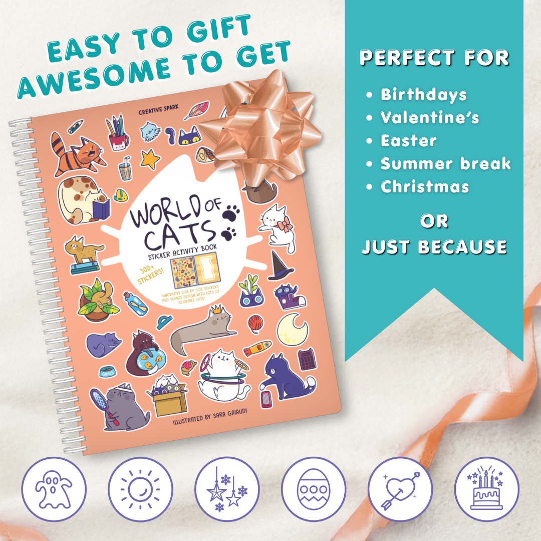 Sticker activity book titled 'World of Cats' with a gold bow on a light background