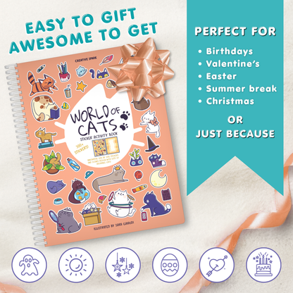 Sticker activity book titled 'World of Cats' with a gold bow on a light background