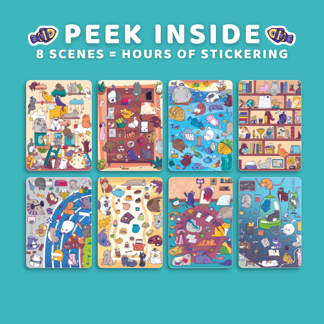 Set of eight colorful sticker sheets with various scenes on a teal background, featuring text 'Peek Inside' and '8 Scenes = Hours of Sticking'.