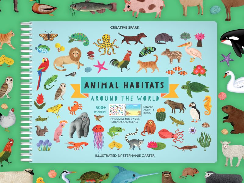 Animal Habitats Around the World activity book by Creative Spark, featuring a light blue cover surrounded by colorful cartoon animals on a green patterned background.