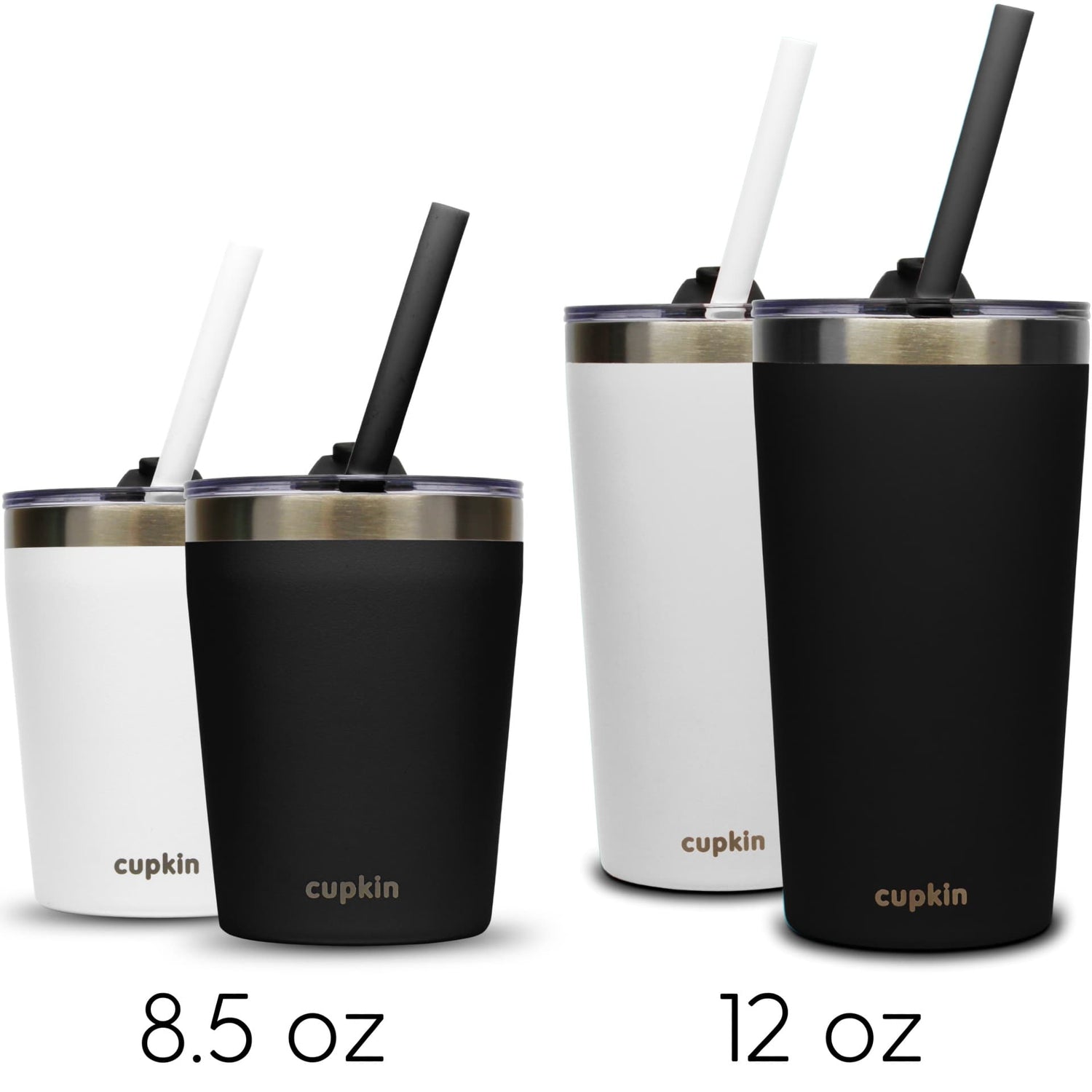 Set of black and white tumblers with straws and 'cupkin' branding.