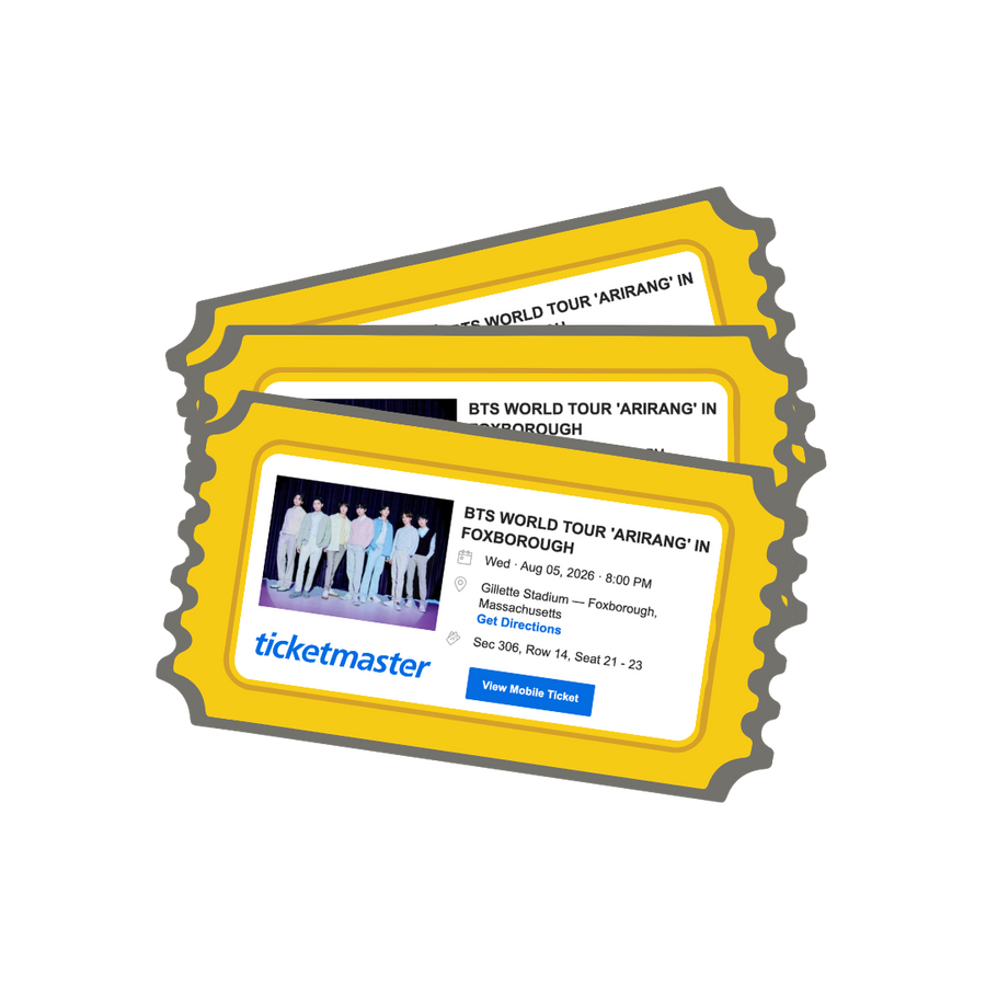 Two concert tickets for BTS World Tour 'Arirang' in Foxborough with Ticketmaster branding.