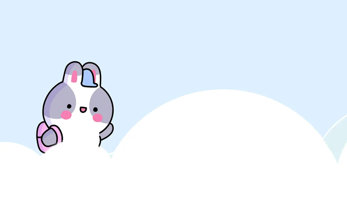 Cartoon character with rabbit ears and a blue bow on a light blue background