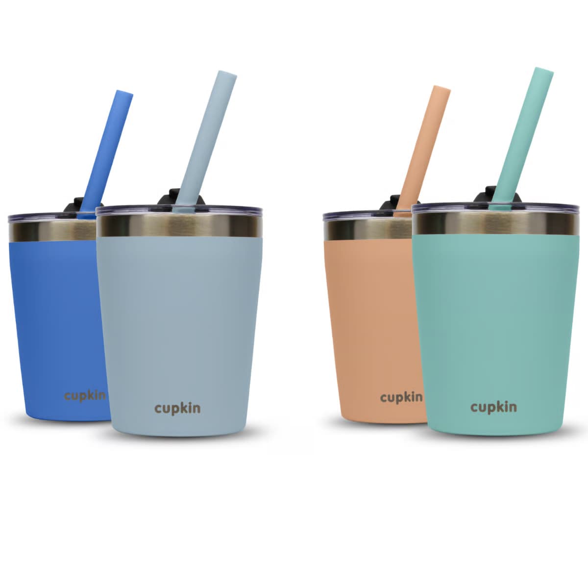 Set of colorful stainless steel cups with straws on a white background, featuring the brand 'cupkin'.