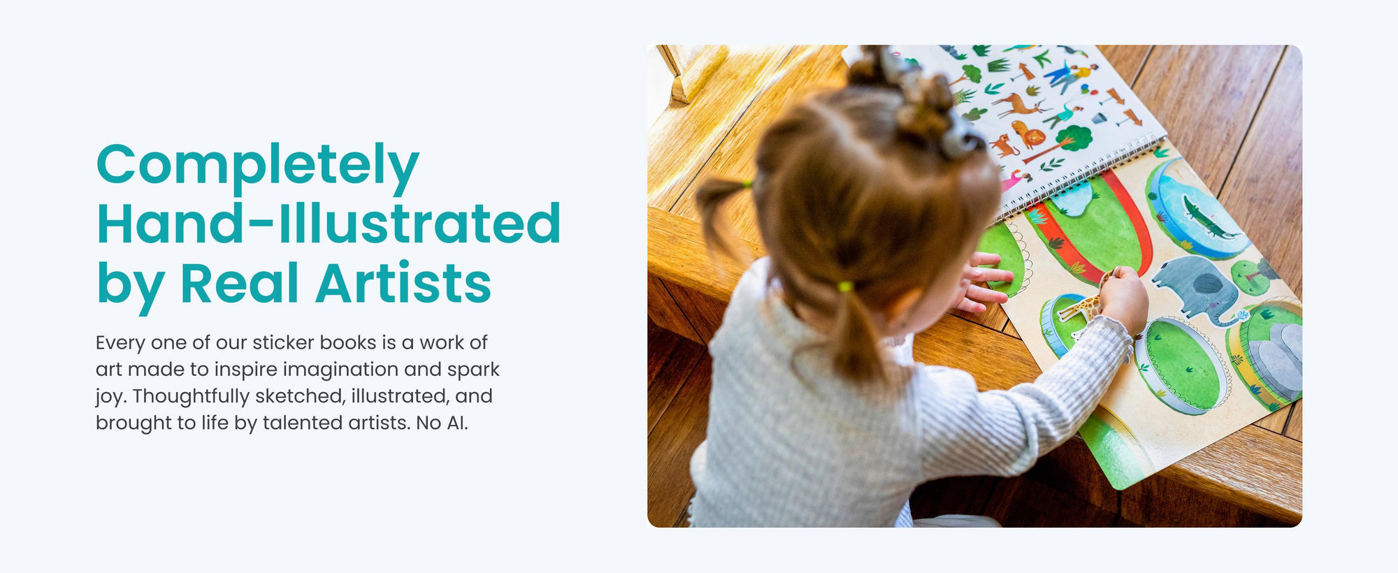 Child interacting with a sticker book on a wooden floor, with text about hand-illustrated books by real artists.