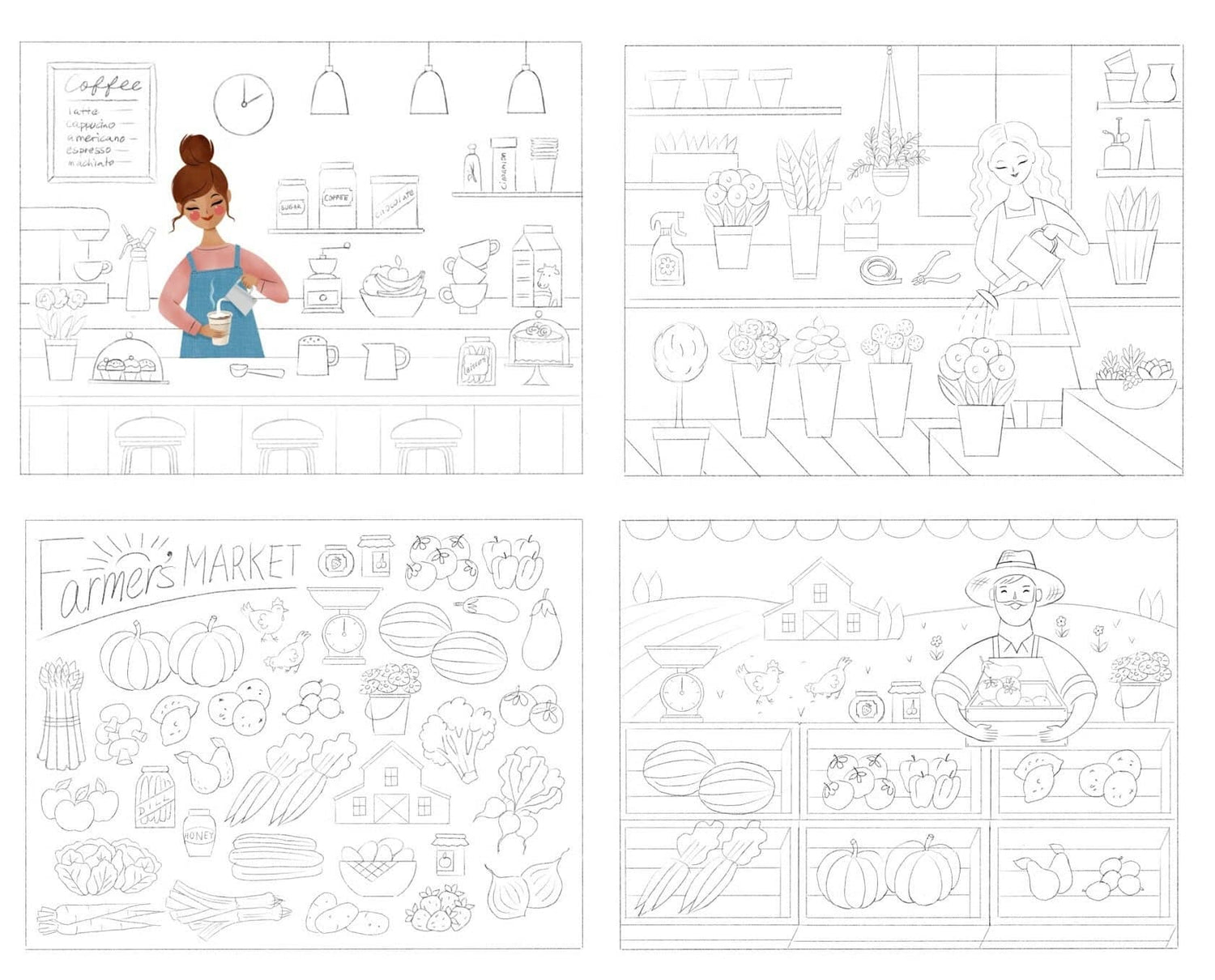 Set of coloring pages with illustrations of a woman at a farmer's market and various items.