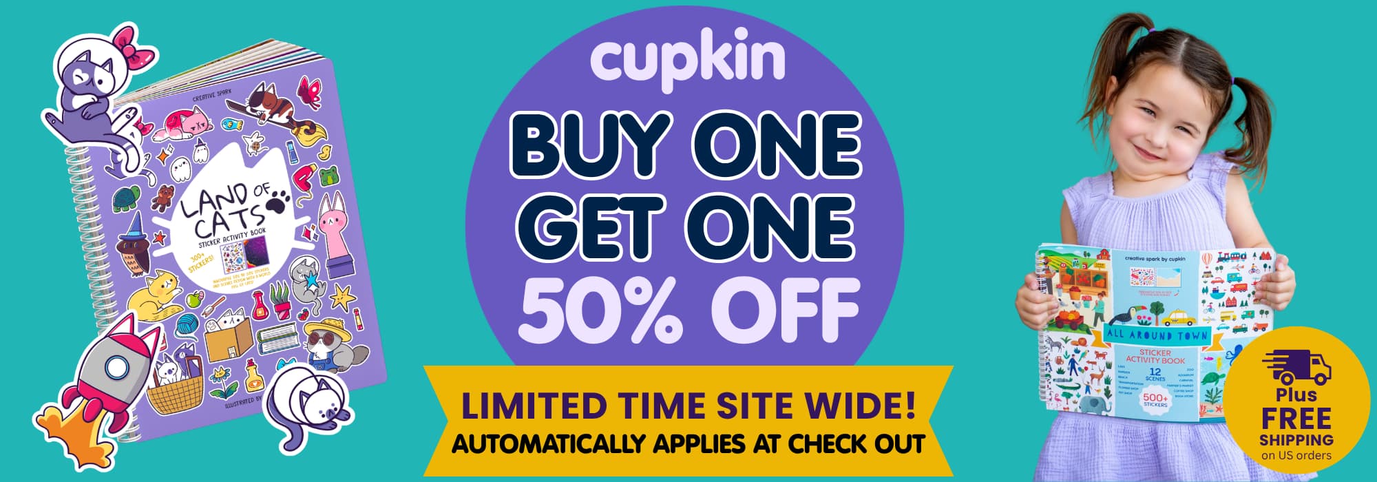 Promotional banner for Cupkin with a child holding a book and a discount offer on a teal background.